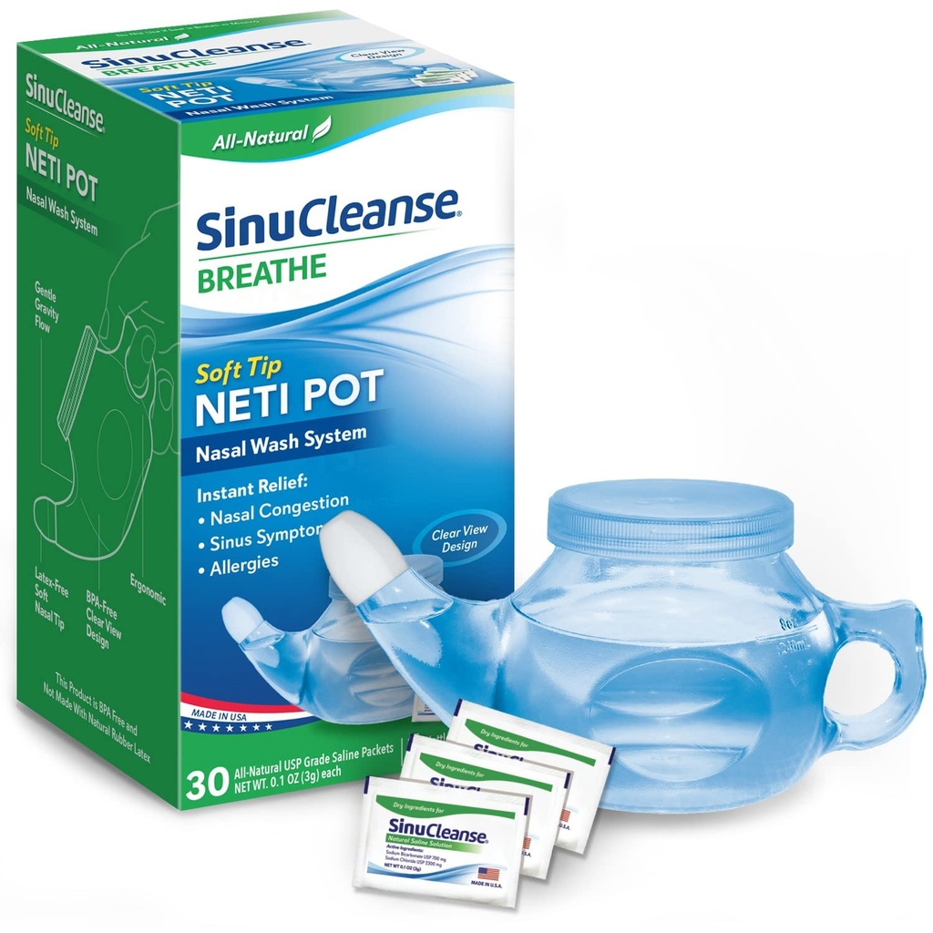 SinuCleanse Soft Tip Neti Pot Nasal Wash System, 냉방 및 불, 건조한 공기, 알레르기, 30 All-Natural Saline Packets, 미국제