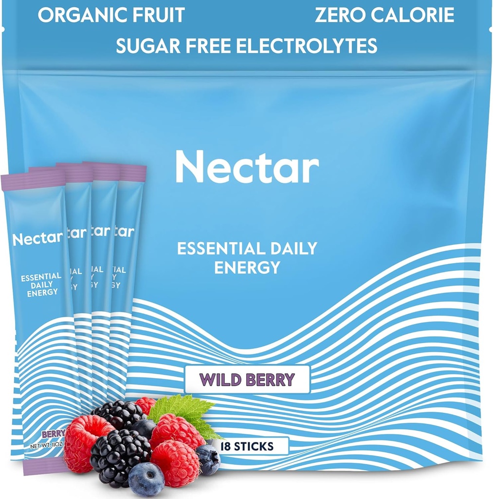 Nectar Energy Booster - 유기 카페인, B12 & Electrolytes - Sugar Free & Zero Calorie - 건강한 커피, 에너지 음료 및 소다 대안 - Hydration & Energy Supplement (베리 18 분말 패킷)