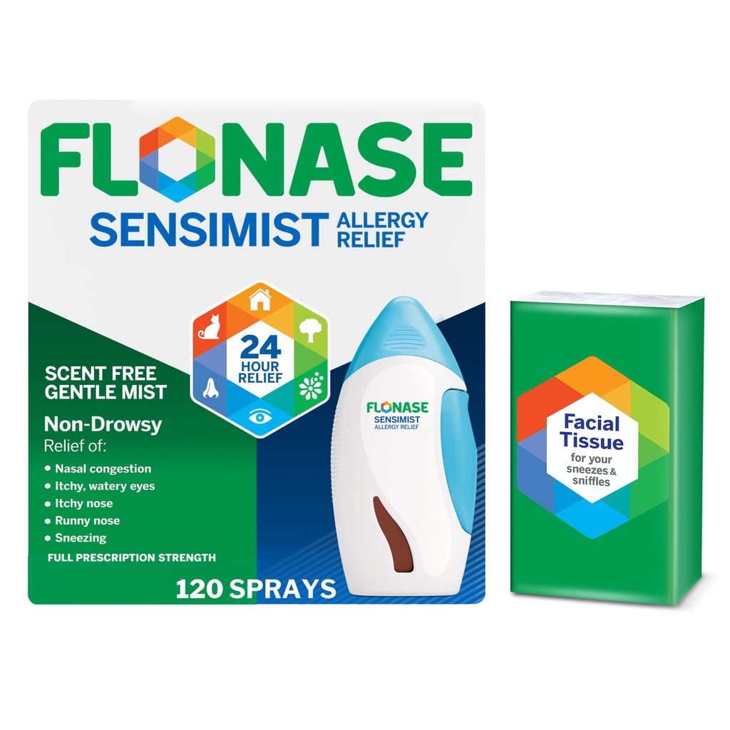 Flonase Sensimist Allergy Relief Nasal Spray - Non-Drowsy 24HR Long Lasting Allergy Relief with Fine, Scent-Free Mist - 120 스프레이 플러스 Tissues의 보너스 팩