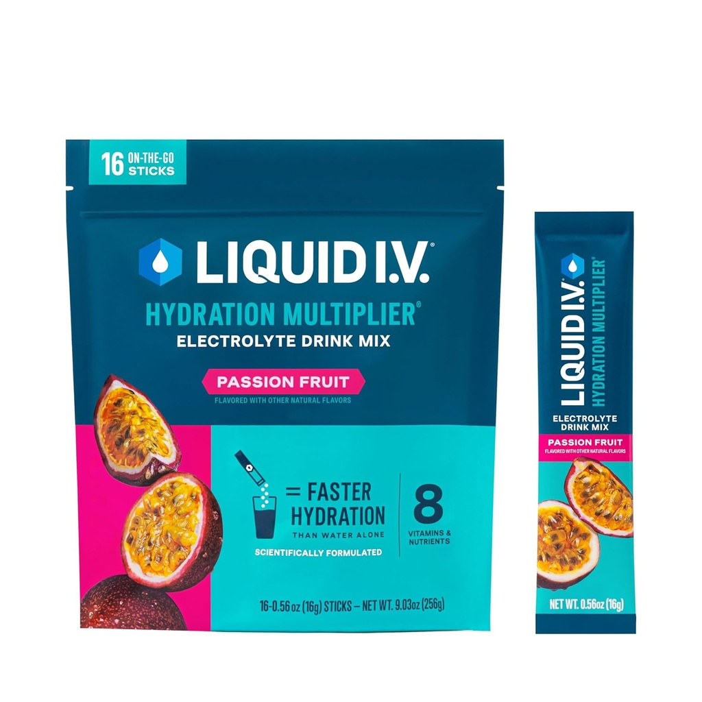 액체 I.V.® Hydration Multiplier® - Passion Fruit - Hydration Powder Packets | Electrolyte Powder Drink Mix | 편리한 Single-Serving Stick | Non-GMO | 16 서빙 (12장)