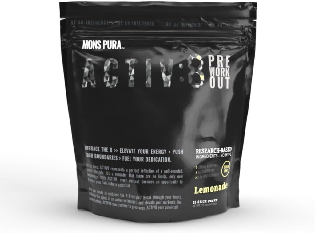 Activ8 사전 운동 레몬 페이스트 : 연구 기반 성분이있는 운동 강화 - 250mg 카페인, 설탕 무료 25 스틱 팩