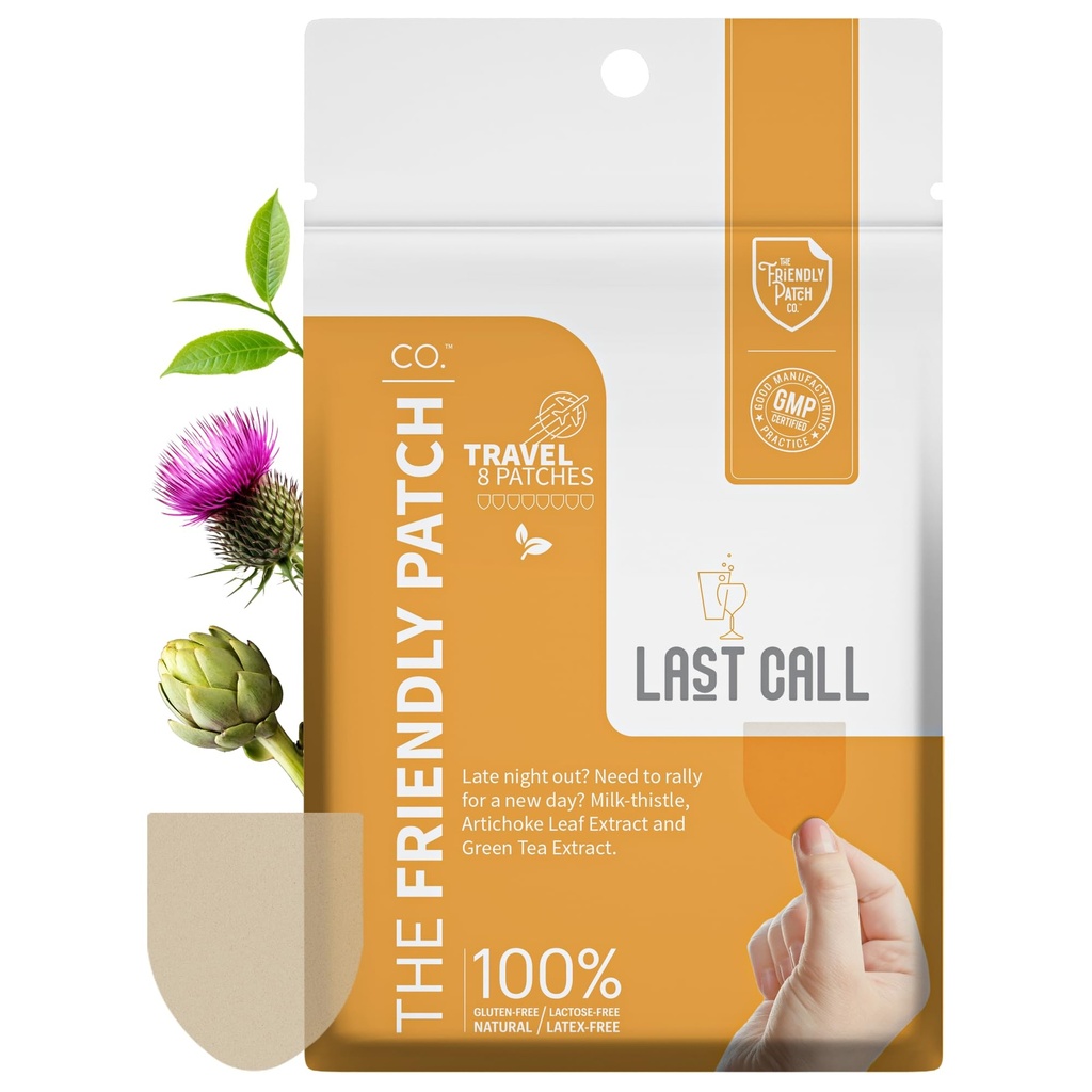친절한 패치 마지막 통화 패치 - 늦은 밤 밖으로 - Vine Tea, Caffeine, Milk Thistle, Artichoke 잎 추출물과 함께 강력한 패치 - Wellness 8 Pack