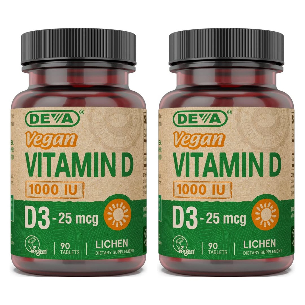 DEVA Vegan 비타민 D3 보충교재 - 1000 IU - Cholecalciferol - Lichen 식물 Derived - 90 작은 정제, 2 팩을 가진 한 번 당 일 정제