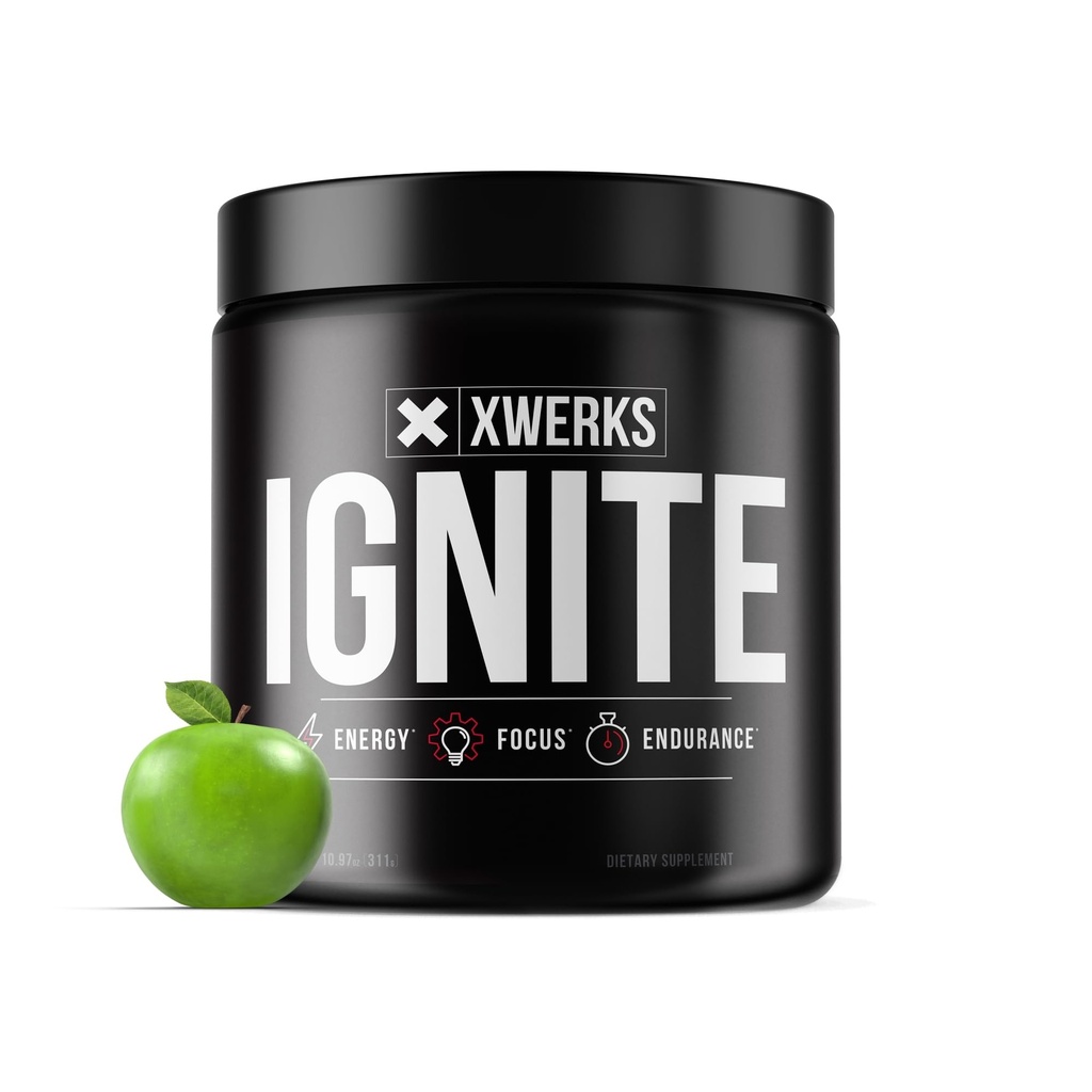 Xwerks Ignite Green Apple Pre Workout Powder, Explosive Energy, Gluten Free Blend for Endurance and Stamina, 150mg Caffeine, 30 서빙