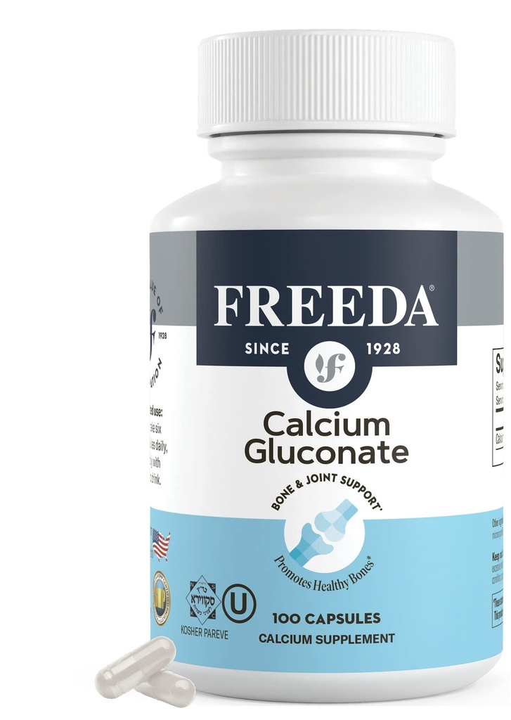Freeda 칼슘 Gluconate – Kosher Vegan 칼슘 보충 – 쉽게 소화 및 흡수 – 지원 뼈 힘 – 비타민 D 없이 순수한 칼슘 – (100 캡슐)