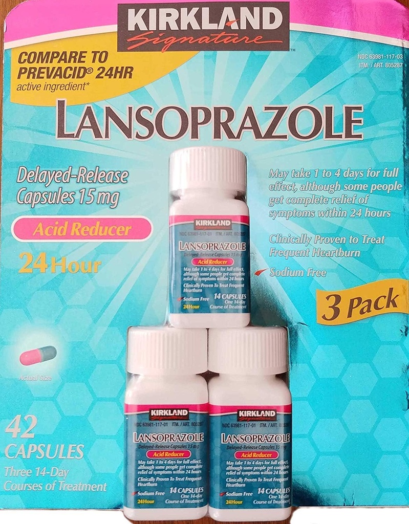 Kirkland Signature Lansoprazole 15 mg. 산성 흡진기, 42 캡슐