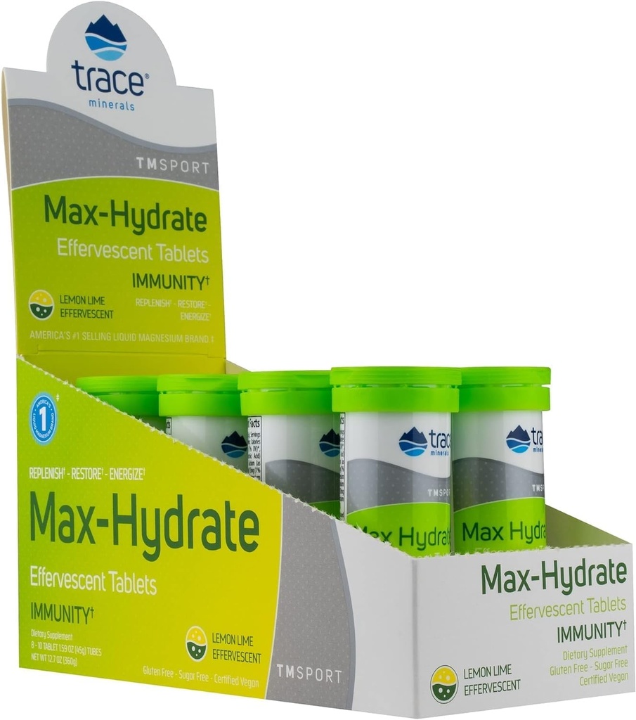 Trace Minerals Max-Hydrate Immunity - Immune Health & Hydration Support 용 Electrolyte 음료 보충 - Aid Muscle Cramp Relief - Lemon Lime, 8 Containers (80 서빙)에 활력 보충