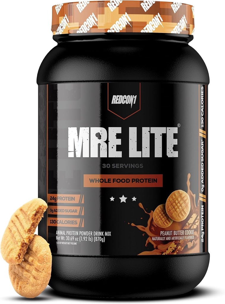 REDCON1 MRE Lite Whole Food Protein Powder, Peanut Butter Cookies - 동물 단백질 혼합과 낮은 Carb & Whey 무료 식사 교체 - MCT 오일 (30 서빙)로 만든 Digest Supplement에 쉽게