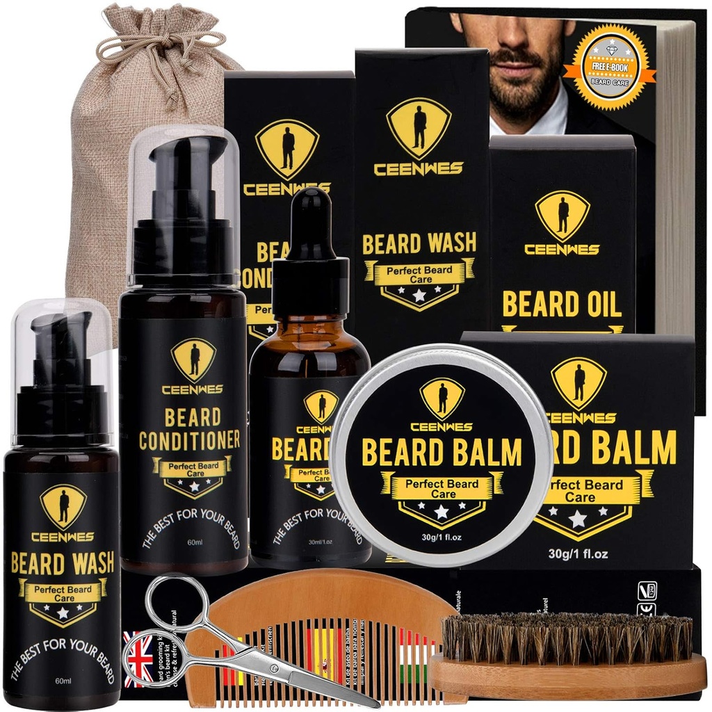 Ceenwes 업그레이드 된 Beard Grooming Kit - 컨디셔너, 오일, 브러시, 빗, Balm, 가위, 수염 및 수염 트리밍을위한 저장 백, 완벽한 남성 선물