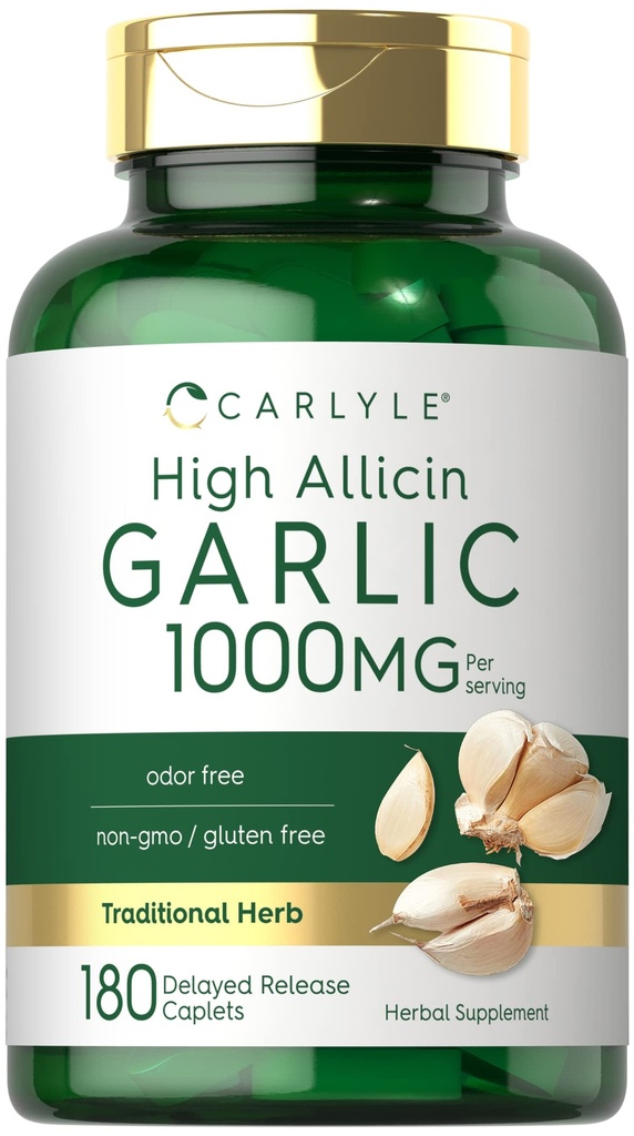 Carlyle Garlic 보충교재 1000mg | 180의 모자 | 무취 알약 | 높은 Allicin 추출물 | 채식주의자, 비 GMO & 글루텐 무료