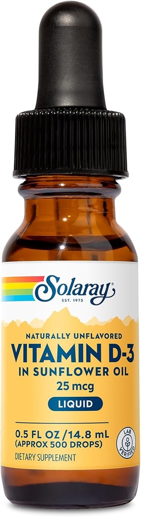 SOLARAY 비타민 D3 액체 하락 25 mcg (1000 IU) - VIT D3 지원을 위한 해바라기 기름에 있는 강화된 흡수 비타민 D 하락 - 자연적인 불완전한, Dropper 포함되는 - 대강. 500 인분, 0.5oz