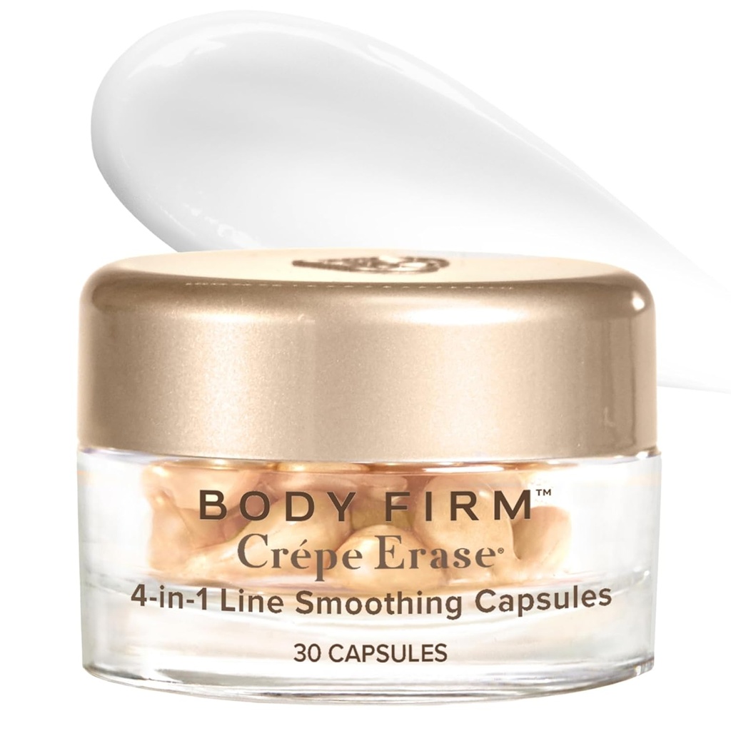 BODY FIRM Crepe Erase 4-in-1 라인 스무딩 캡슐, 노화 방지, Hyaluronic 산을 가진 얼굴과 눈 혈청 및 주름을 위한 다 사슬 펩티드, Crepe 피부 & 정밀한 선, 30 조사