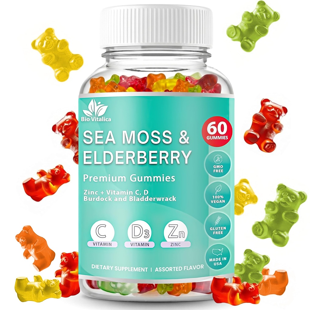 BIO VITALICA Sea Moss Gummies Elderberry BioVitalica - 비타민 C D + 아연 - 아일랜드어 Seamoss Vegan Gummy with Sea Moss Gel & Immunity, Detox - 성인 및 어린이를위한 분말