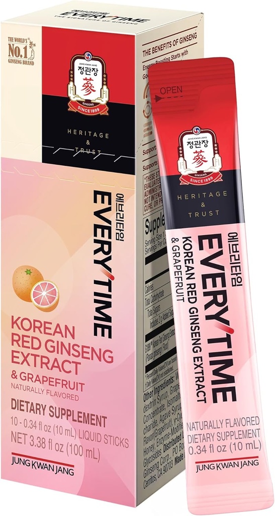 JUNG KWAN JANG Everytime Korean Red Ginseng Extract 1,000mg & Grapefruit - Vegan Ginseng Root Energy Drink Liquid Stick Supplements - stamina & Immunity 구축, 카페인 없음 (10 스틱, 0.34 fl oz)