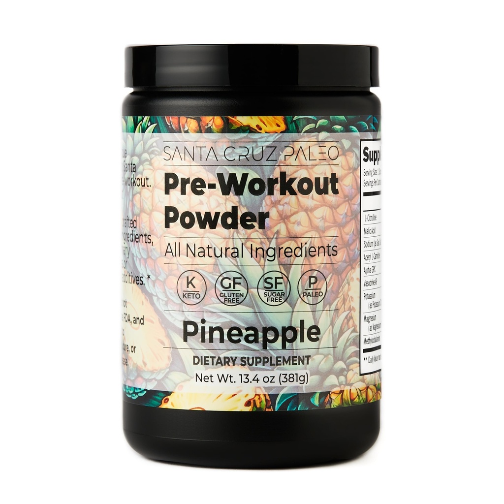 Santa Cruz Paleo Pre Workout Powder Electrolytes, 마그네슘, 칼륨, 바다 소금 & L Citrulline, 카페인 & Sugar Free Preworkout Drink Mix for Energy & Hydration, 파인애플 맛, 30 서빙