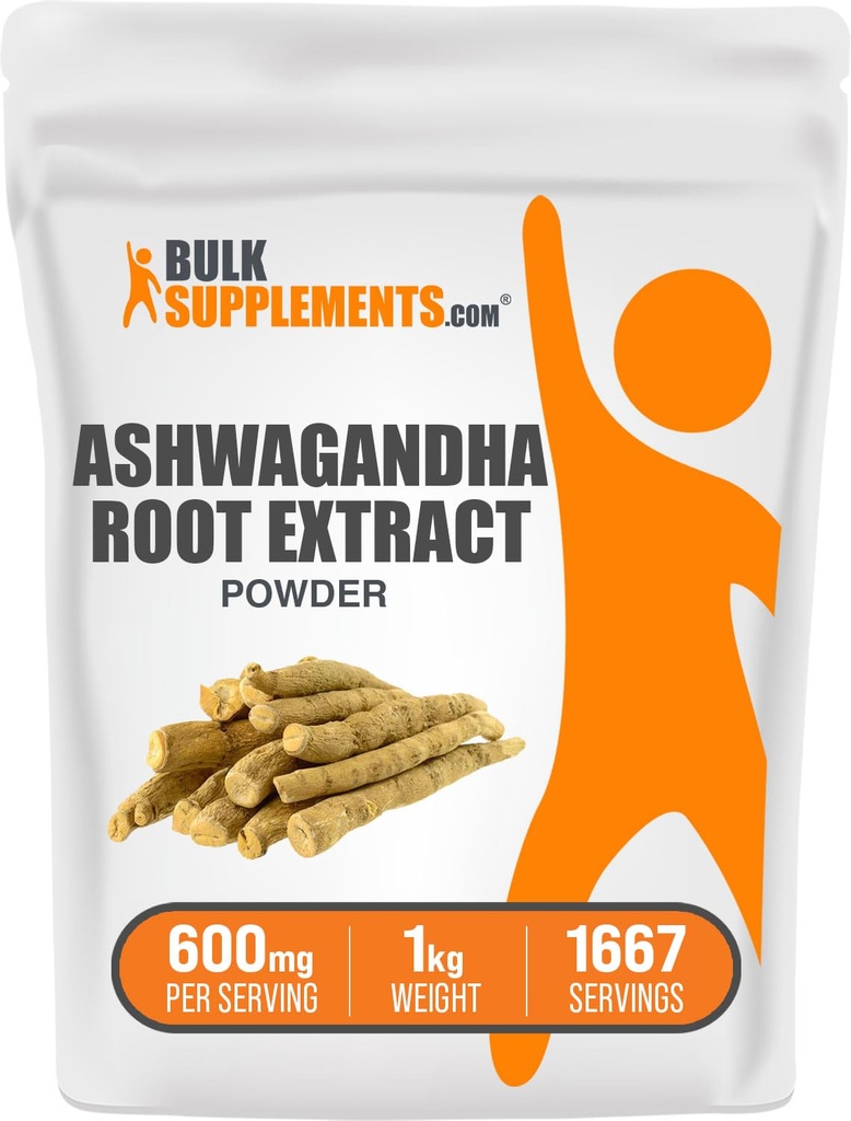 BulkSupplements.com Ashwagandha 뿌리 추출물 분말 - Ashwagandha 보충교재, 초본 보충교재 - 채식주의자 & 글루텐, 서빙 당 600mg, 1kg (2.2 lbs) (1의 포장)