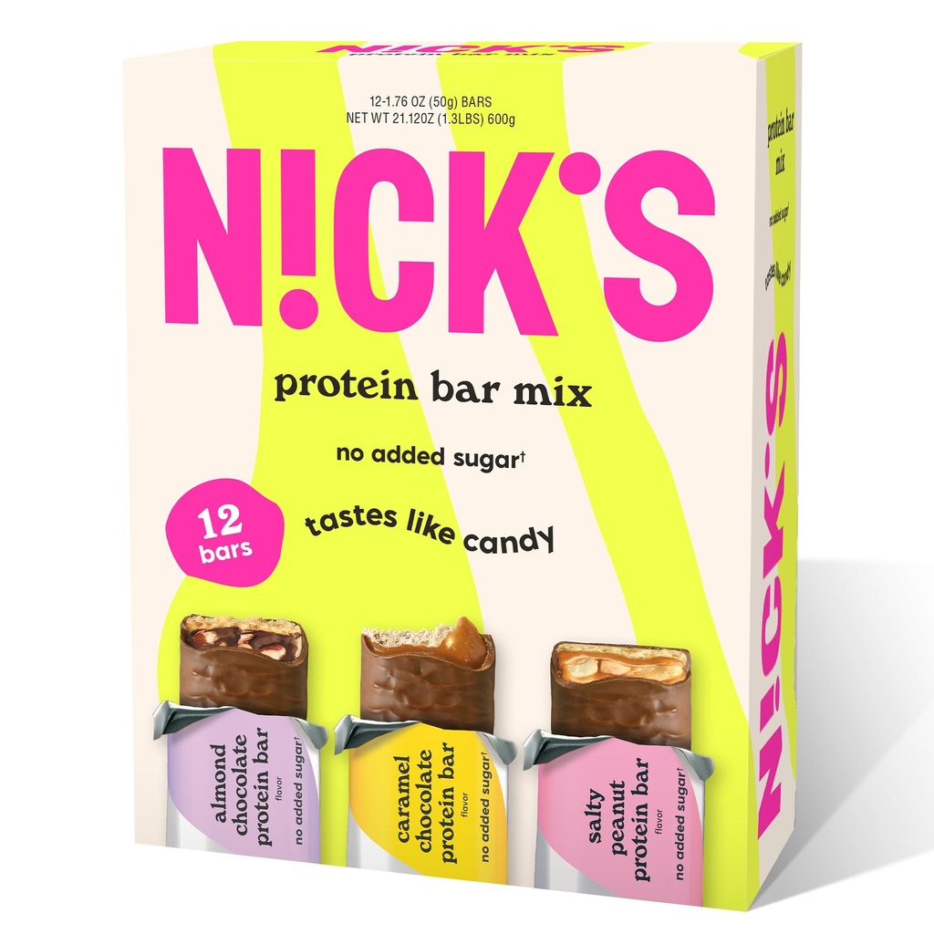 Nick 's Protein Bars Chocolate Variety Pack 높은 단백질, 낮은 칼로리, 낮은 캐비티 Keto 친절한 스낵 추가 설탕 없음, 콩 땅콩, 초콜릿 카라멜과 알몬드 초콜릿 (12 팩)