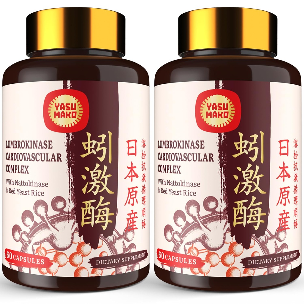 Lumbrokinase 100mg (최대 활동 1,000,000 LKU), 활동의 Nattokinase 100mg-2,000 FU와 빨간 효모 밥 300mg의 Lumbrokinase 효소는 순환, 응고, 120의 캡슐 (2의 포장)를 위한 보충교재를 보충합니다