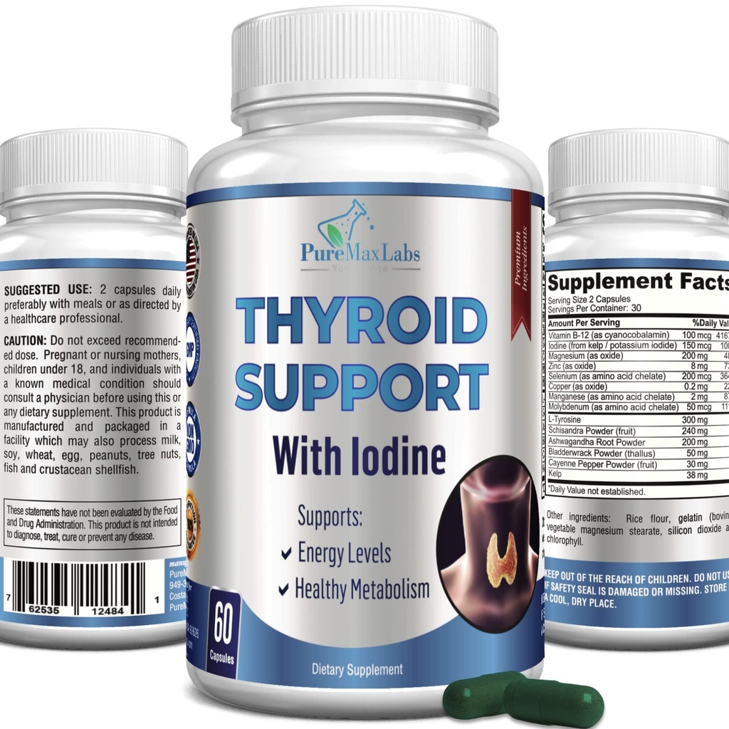 Iodine와 Thyroid 지원 - Metabolism 부스터, 에너지 부스터, 증가 초점 - 프리미엄 비 GMO Thyroid 보충 60 캡슐
