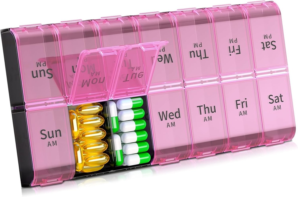 Daviky XL 큰 주간 Pill 주최자 2 시간 하루, 추가 큰 7 일 Pill 상자 AM PM, 14 격침이있는 일일 Pill 케이스 의학 주최자, 물고기 기름을위한 Day Night Container, 비타민, 보충교재
