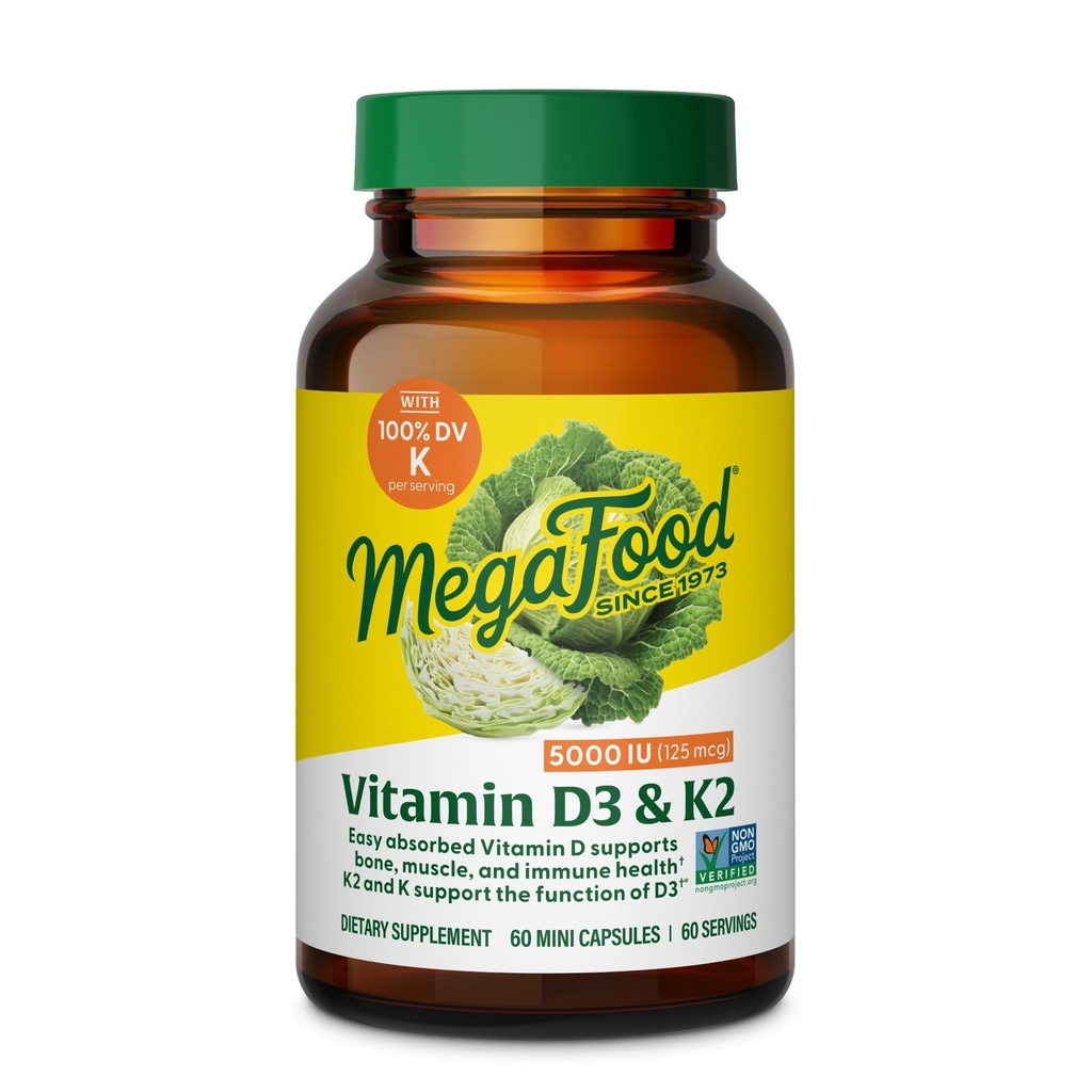 MegaFood 비타민 D3 5000 IU (125 mcg) - 비타민 D3 K2와 채식주의 보조 식품 - 뼈, 치아, 근육 및 면역 건강 지원 - 공인 된 비 GMO - 60 미니 캡슐, 60 서빙