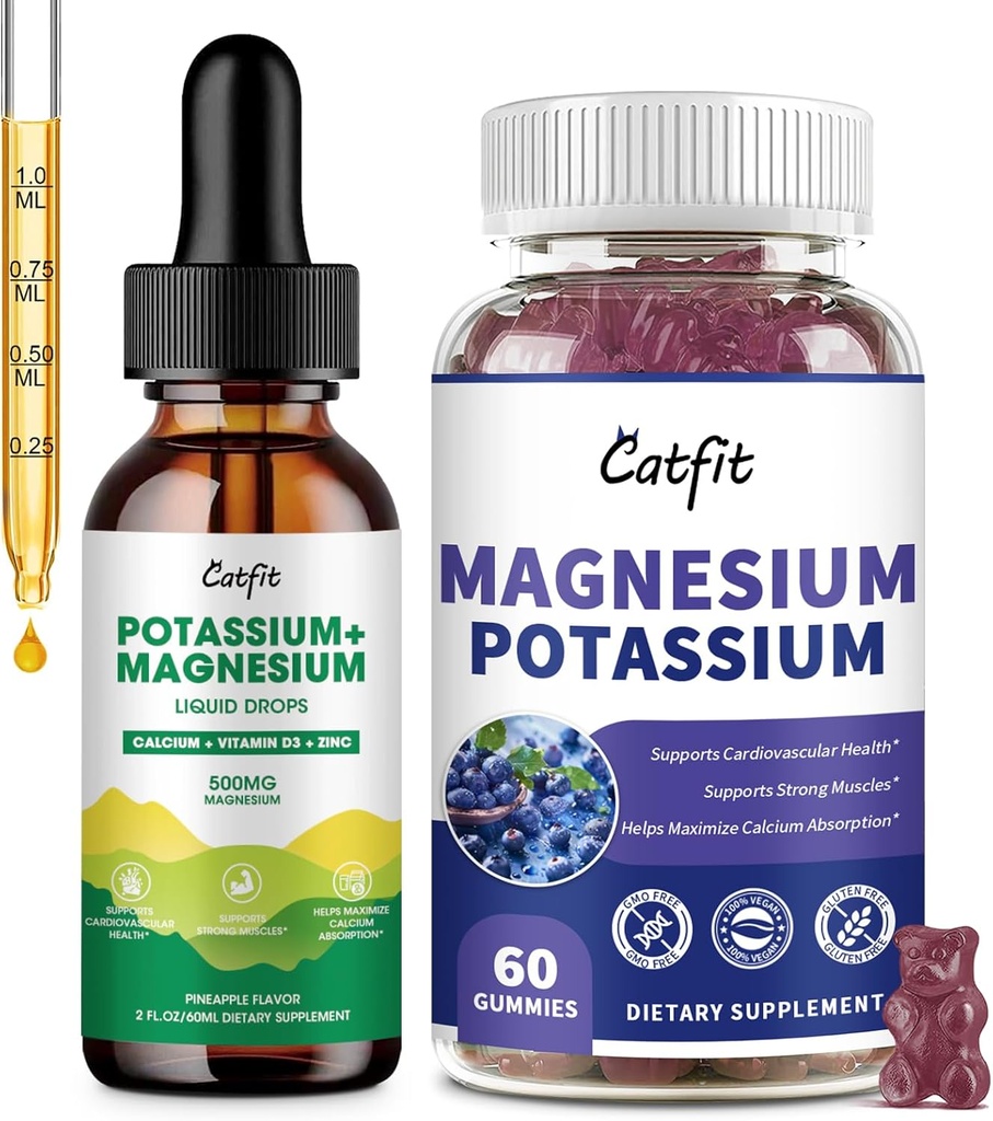 Catfit 칼륨 마그네슘 보충, 마그네슘 칼륨 복합물, 수가 무료 & 채식주의자, 면역 지원, 스팸 무드 & 수면 지원, 근육 건강