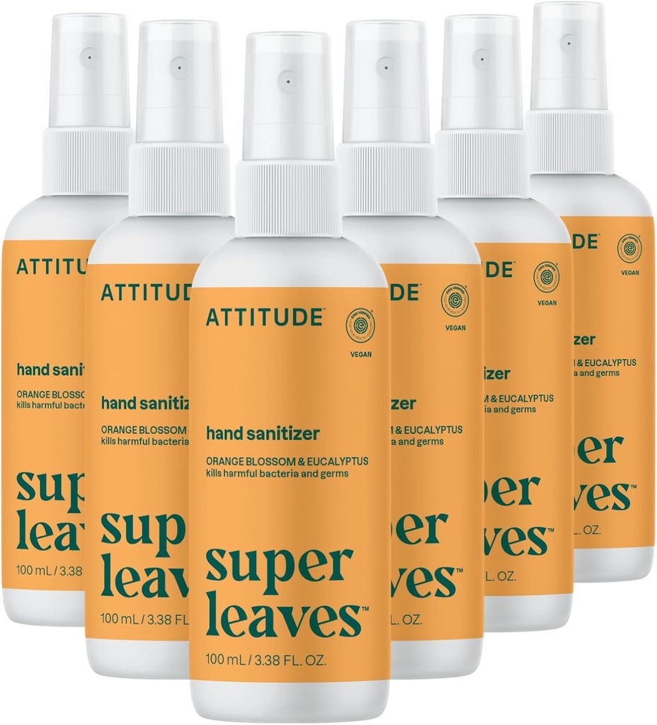ATTITUDE 손 소독제 살포, EWG Verified, Kills Germs & Bacteria, Vegan & Plant-Based, 성인 & 아이를 위한 안전한, 오렌지 Blossom & Eucalyptus 냄새, 3.38 Fl Oz (포플라 병)
