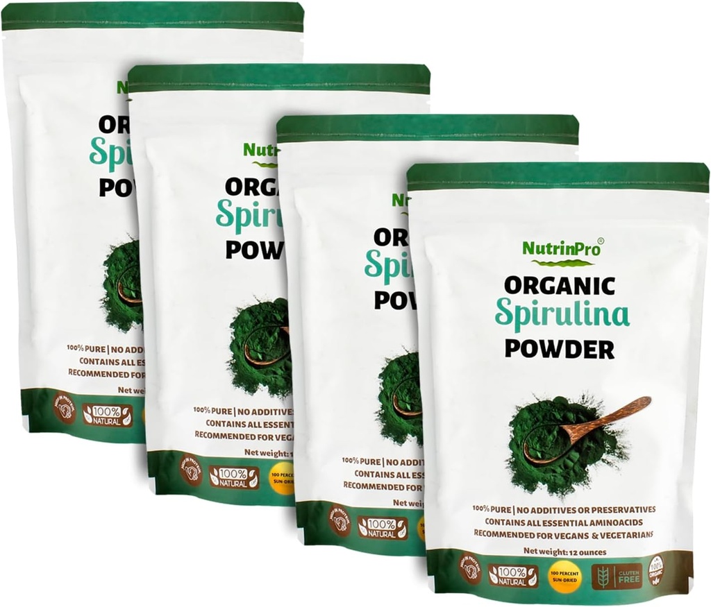 주스와 매끄러운 혼합을 위한 4 팩 Spirulina 분말; 100% 자연적인, USDA 유기 및 글루텐은, 높은 단백질과 더불어, 비타민, 산화 방지제 및 무기 (12개 oz) (4)를 해방합니다