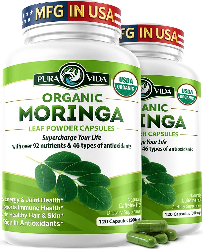 PURA VIDA MORINGA 캡슐 단 하나 근원 유기 Moringa 분말. Moringa 잎. 에너지, 대사, & 면역력 지원. 120ct. 500mg 모자. (2의 포장)