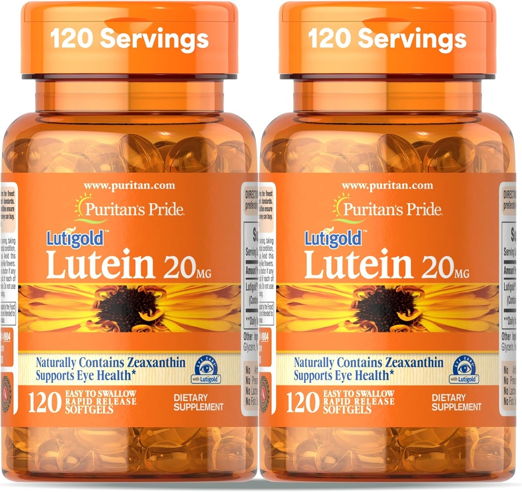 Puritan의 Pride Premium Lutigold Lutein Carotenoid 20mg 남성과 여성을위한 Zeaxanthin, 아이 건강 지원을위한 다이어트 보충, 8 개월 공급, 120 Easy-to-Swallow Softgels, 2 팩