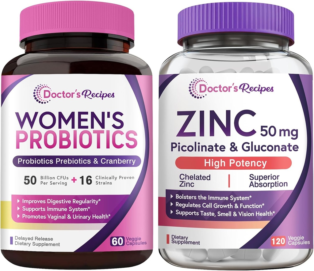 의사의 조리법 여자의 Probiotic & 아연 뭉치, 소화, 질 & 우린 건강, 자연적인 면역 방어, 지연된 방출 Probiotic 캡슐 60ct & 아연 캡슐 120 ct