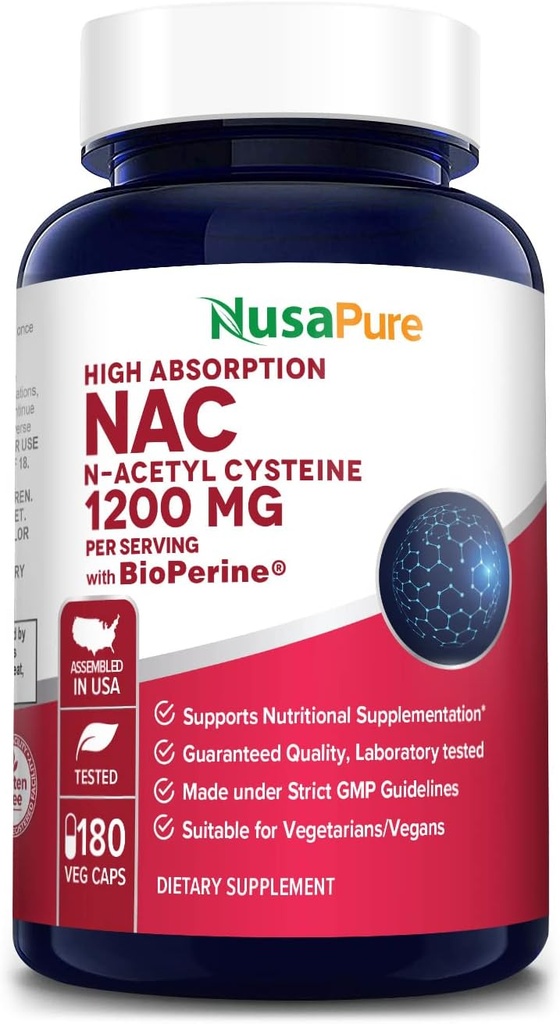 NusaPure N-Acetyl Cysteine (NAC) 1200mg 180 Veggie 모자 (Vegetarian, Non-GMO, 글루텐 무료) Bioperine