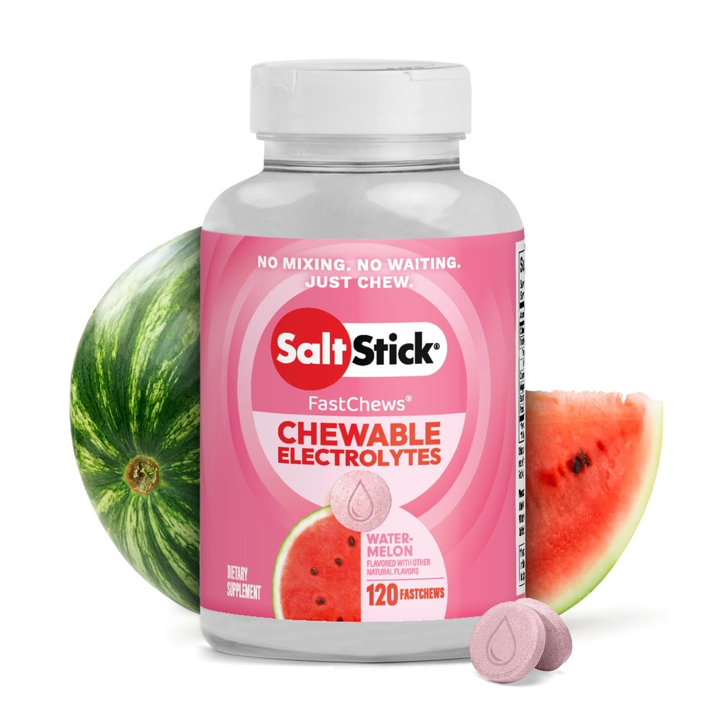 SaltStick Electrolyte FastChews - 120 Watermelon Chewable Electrolytes - 달리기와 Hydration, Electrolyte Chews를위한 소금 정제 - 120 개