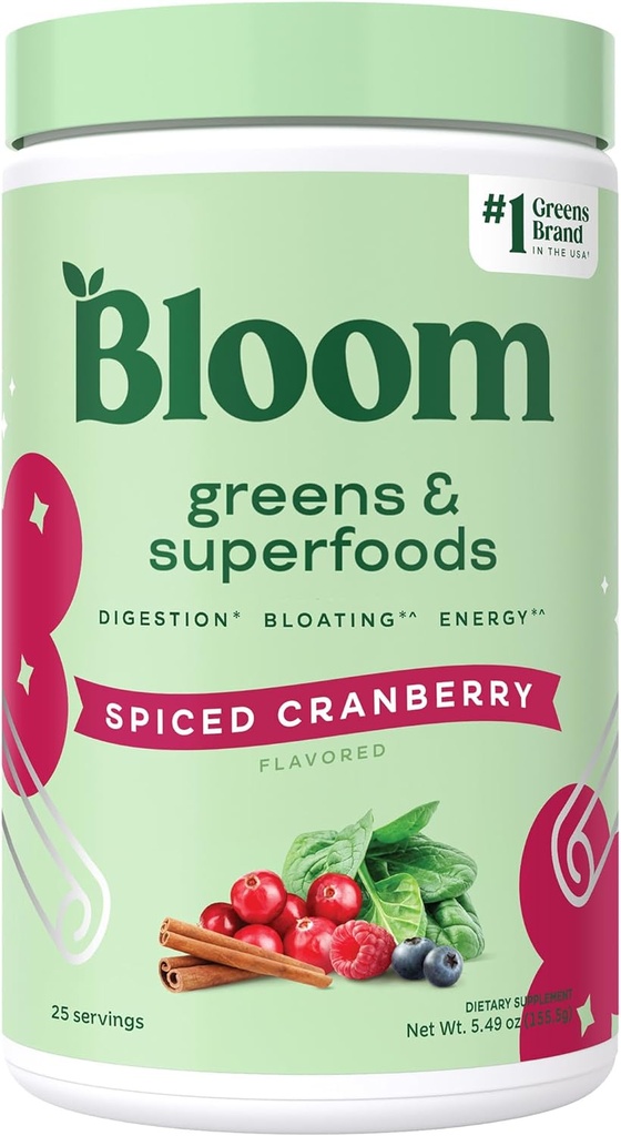 Bloom Nutrition Superfood Greens Powder, Probiotics 및 Prebiotics, Gut Health, 여성, Chlorella, Beet Root, 25 SVG, Spiced Cranberry와 녹색 주스 혼합을위한 부유 한 효소