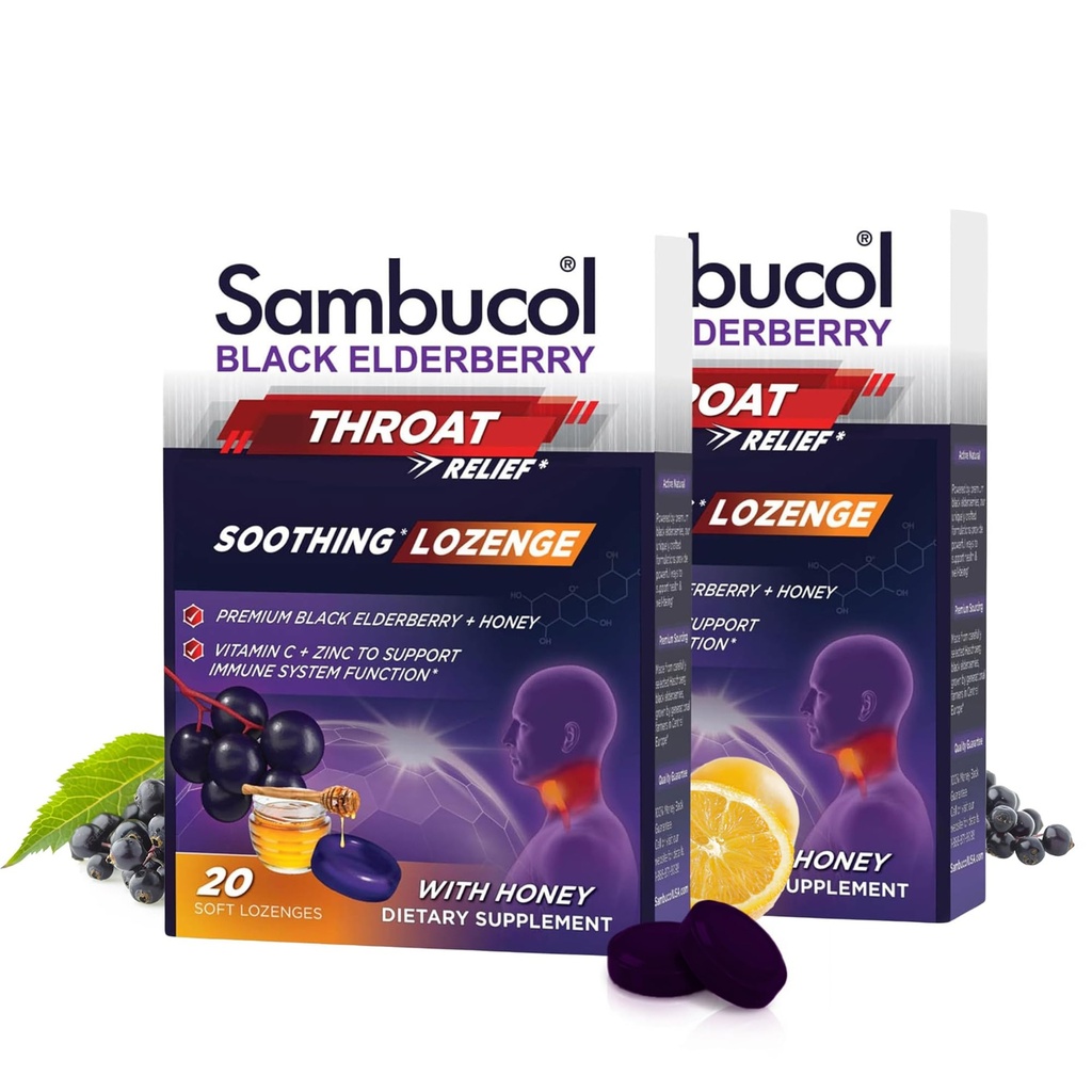 Sambucol Black Elderberry Throat Lozenge - 꿀, 비타민 C 및 아연, Elderberry Lozenges Sore Throat & Cough, Soothes Scratchy Throat, Soft & Chewy - 2 팩 (40 총 파스텔)