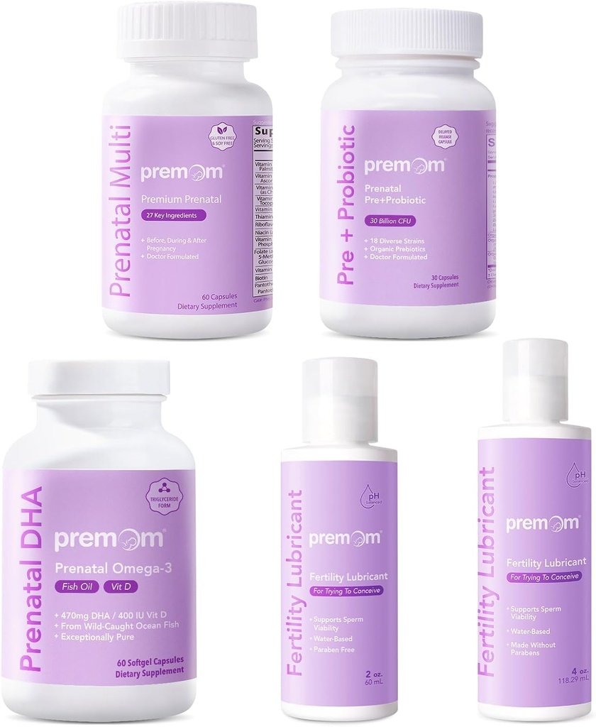 Premom Multivitamin for Women + Prenatal DHA Fish Oil + Prenatal Pre & Probiotics + Conception 2 & 4 Fl Oz에 대한 개인 비료 윤활유