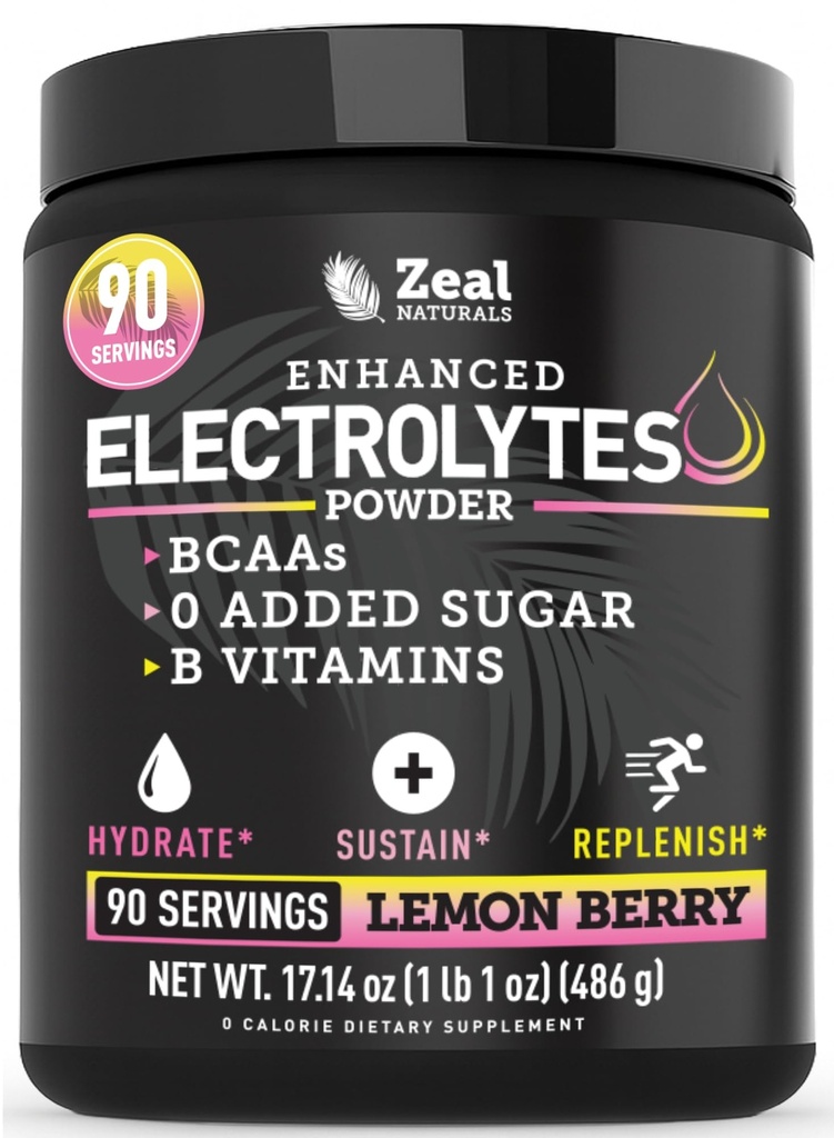 Zeal Electrolyte Powder - 90 서빙 | Keto Electrolytes Powder | 제로 설탕, BCAA, B 비타민 | 칼륨, 아연, 마그네슘 | 히드라이즈 분말 회복 음료 | 레몬 베리