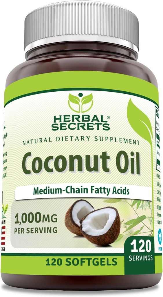 허브 시크릿 코코넛 오일 1000 Mg 120 Softgels 보충교재 | Non-GMO | 글루텐 프리 | 미국