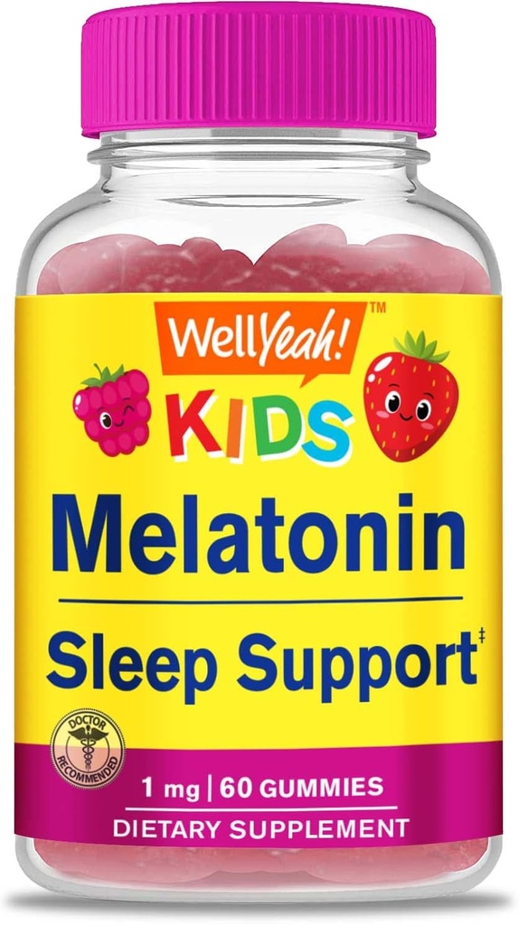 WellYeah Kids Melatonin Gummies 1 mg - 무료 수면 보조 거미 보충, 아이를위한 수면 지원 - 글루텐 무료, 젤라틴 무료, 비 GMO, 채식 - 천연 소스 풍미 - 60 구미
