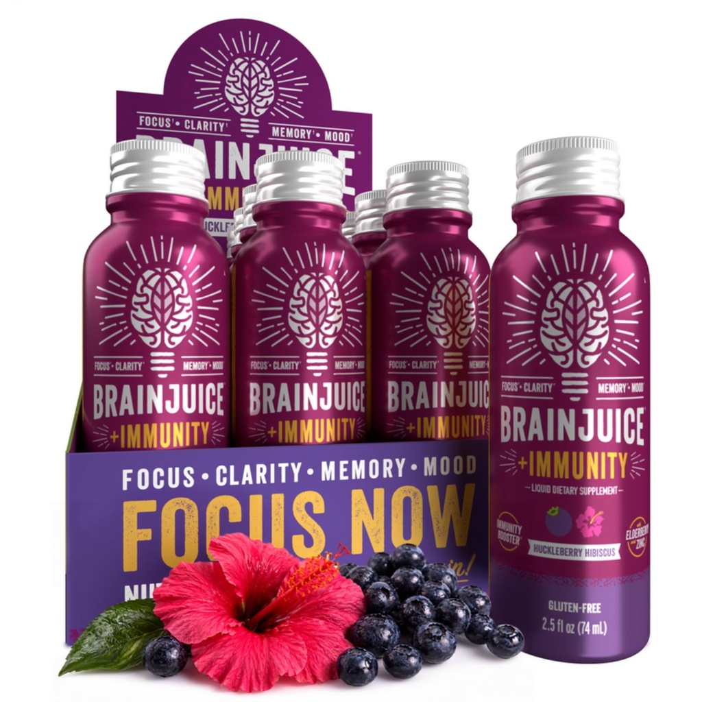 BrainJuice Brain and Immune Support Shot, Gluten Free Supplement Shot for Energy, Focus, 비타민 D, C B, 알파 GPC 및 유기 생강 뿌리, Huckleberry Hibiscus, 2.5 fl oz, 12 팩