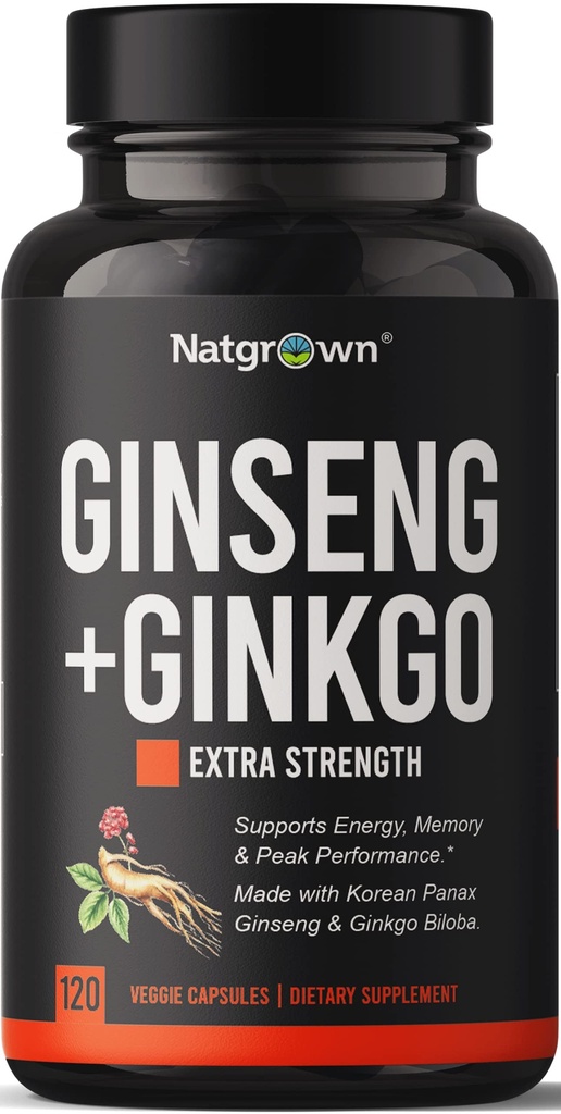 Natgrown Panax Ginseng & Ginkgo Biloba 보충 - 남자 & 여자를 위한 빨간 한국 인삼 & Ginko Biloba 캡슐 - 지원 기억 초점 & 두뇌 기능 - 채식 환약 - 120 조사