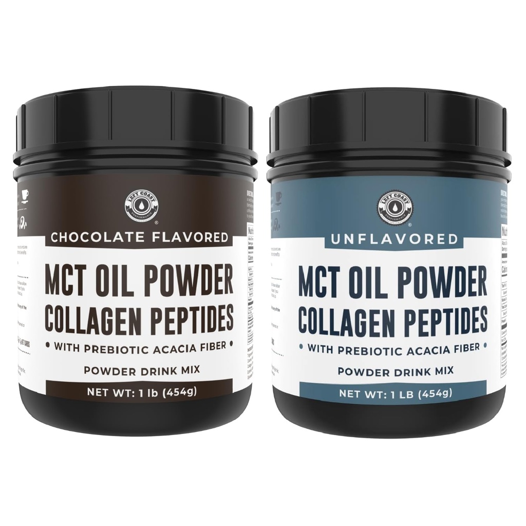 왼 해안 성과 초콜렛 MCT 기름 분말 & 교원질 펩티드, 1lb + Unflavored MCT 기름 분말 & 교원질 펩티드, 1lb