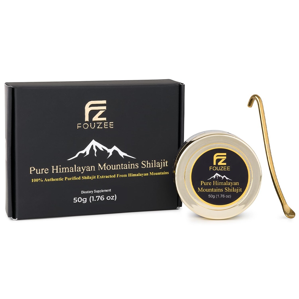 FOUZEE Pure Himalayan Mountains Shilajit - 77% + Fulvic Acid Authentic Hard Consistency, Fulvic Acid의 천연 소스, 85 Trace Minerals 이상, 스테인레스 스틸 스푼 (50 그램)