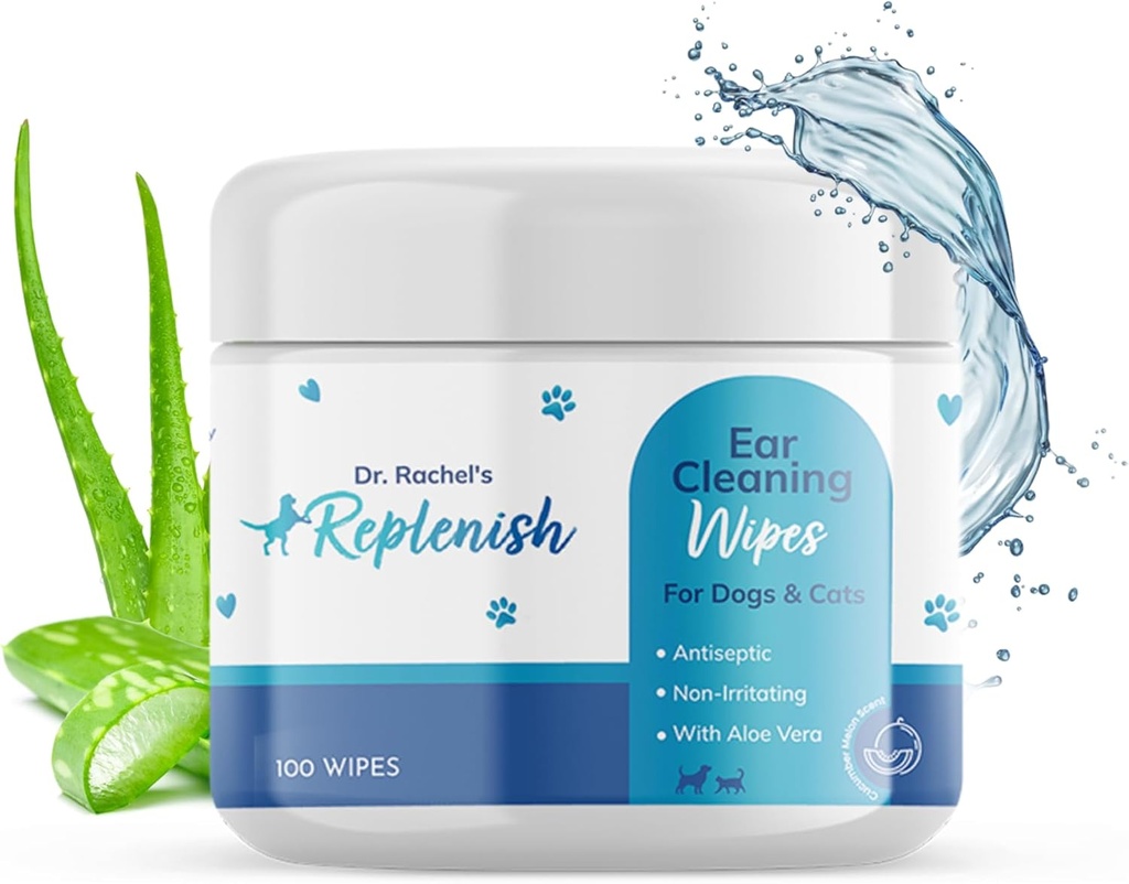 Replenish Cat and Dog Ear Cleaning Wipes - 개를위한 Gentle Medicated Ear Wipes - Cucumber Melon Scent - 개 이어 클리너 및 고양이 귀 Wipes 청소, 소싱 및 탈취 Itchy Ear - 100 개