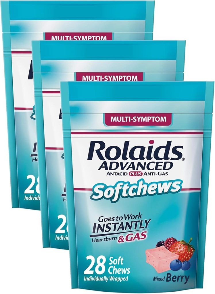 Rolaids 고급 Antacid Plus Anti-Gas Softchews, 28 카운트, 혼합 Berry, Heartburn 및 가스 구호 (포장 3)