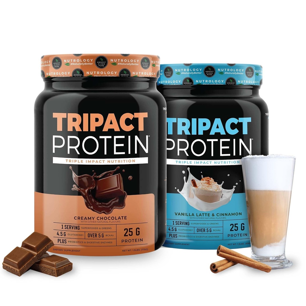 Nutrology TRIPACT Protein - 프리미엄 영양 쉐이크 - 비 GMO Grass Fed Whey Protein, Plantt Proteins, Greens, Superfoods & Probiotics - 5g BCAAs - 크림 초콜릿 & VanillaLatte w/Cinnamon 1.5lb 각 각