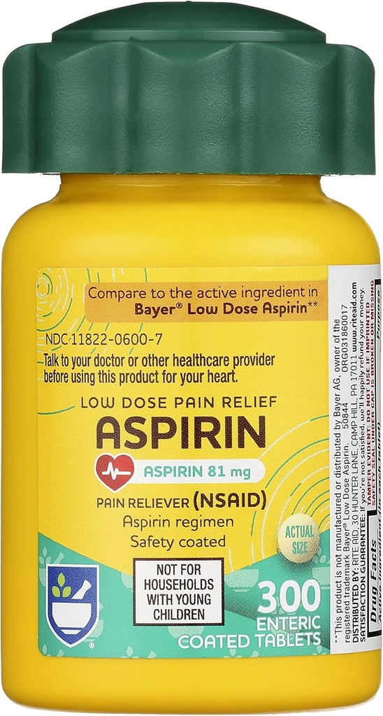 Rite Aid Aspirin Enteric Tablets, 81 mg Aspirin - 300 카운트, 낮은 복용량 통증 완화, 두통 완화를위한 아스피린, Enteric Safety coated Tablets, Aspirin Regimen, Migraine Medicine, Pain