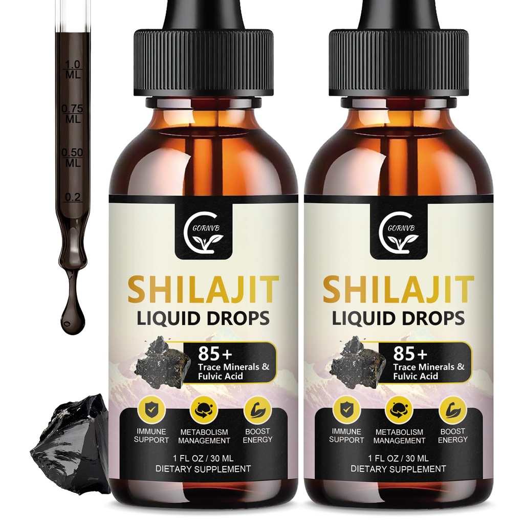 (2-Pack) 높은 힘 Shilajit 순수한 Himalayan 유기 액체 보충교재, 남자 & 여자를 위한 Shilajit 수지 하락, 최대 힘 85+ 청결한 추적 무기물 & 에너지, 대사 & 면역성이 있는 지원을 위한 Fulvic 산