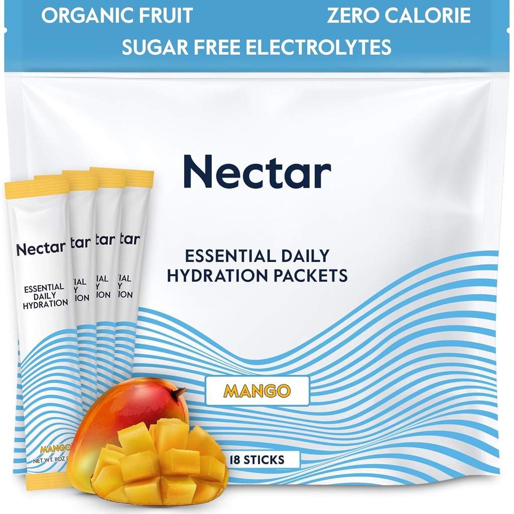 Nectar Hydration Packets - Electrolytes Powder Packets - Sugar Free & 0 Calorie - Dehydration Relief & Rapid Rehydration 용 유기 과일 액체 매일 IV Hydrate 스틱 (망고 18 팩)