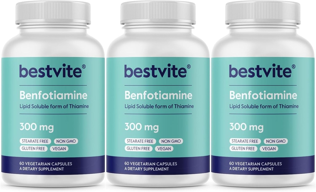 Benfotiamine 300mg (180 채식 캡슐) (60x3) Stearates 없음 - 이산화 규소 없음 - Vegan - 비 GMO - 글루텐 무료